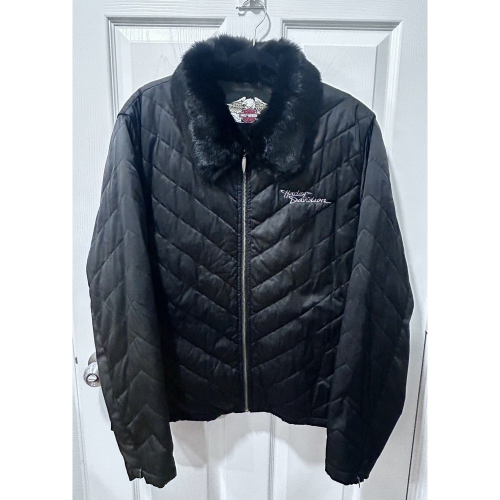 Harley Davidson Wms Quilted Jacket Black Rabbit Fur Collar Embroidered 2XL Vtg